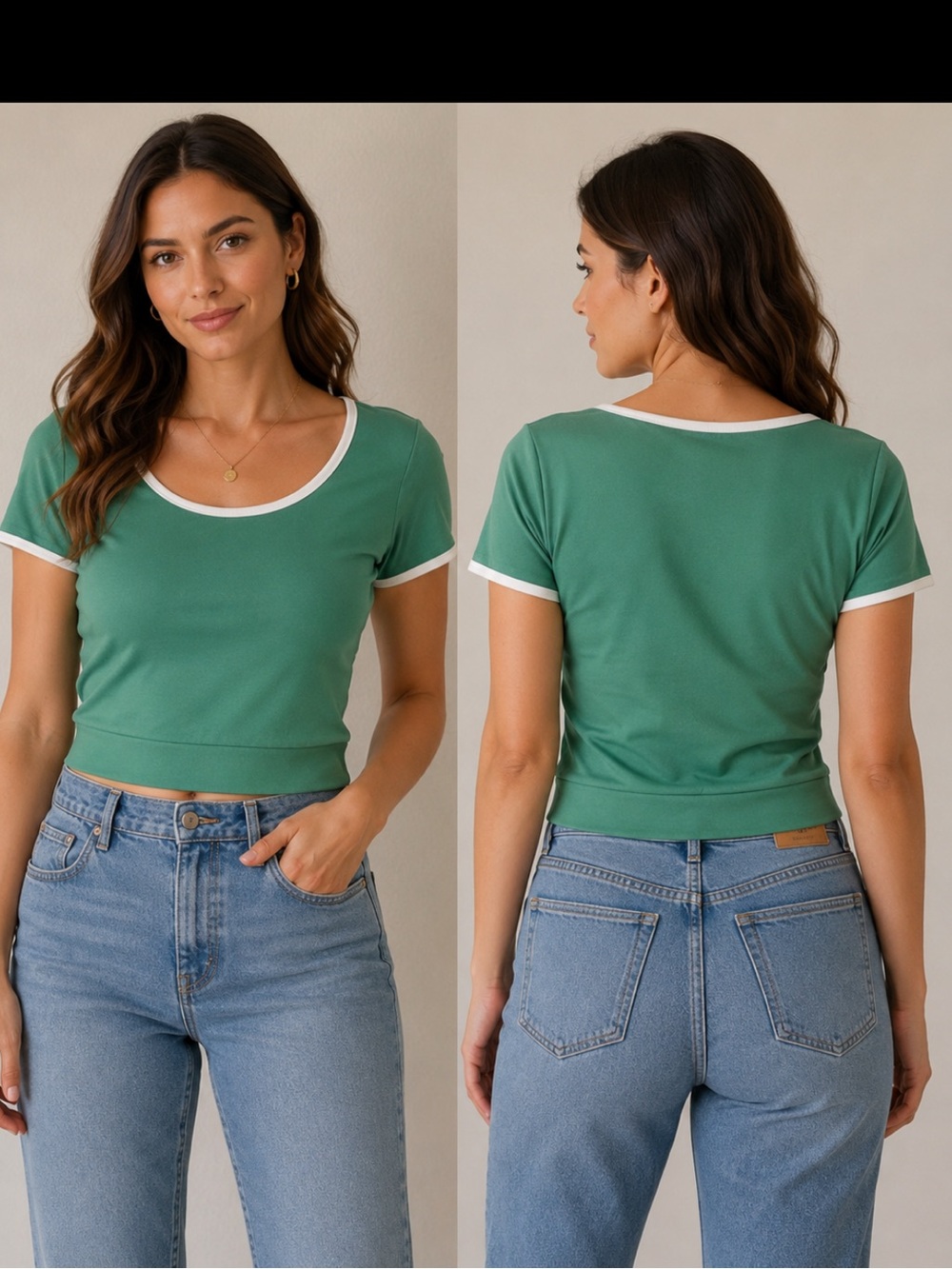 Green Stretch Ringer Tee White Trim Fitted Crop Top XL Fits a Medium